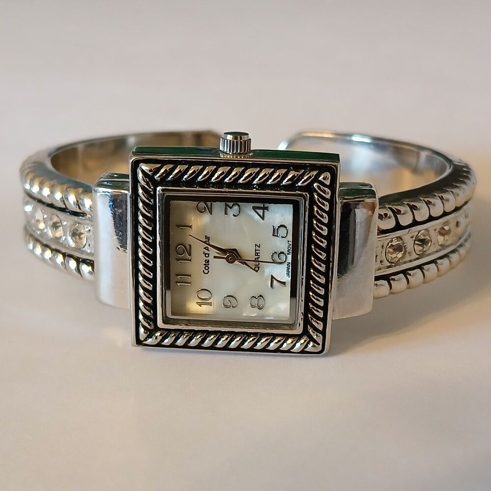 Ladies Cote d'Azur MOP Square Dial Silver Tone Rhinestone Quartz Bracelet Watch